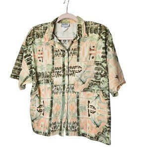 Vintage Filati Button-Up Shirt L Abstract Green Peach Pattern Cotton Made in USA